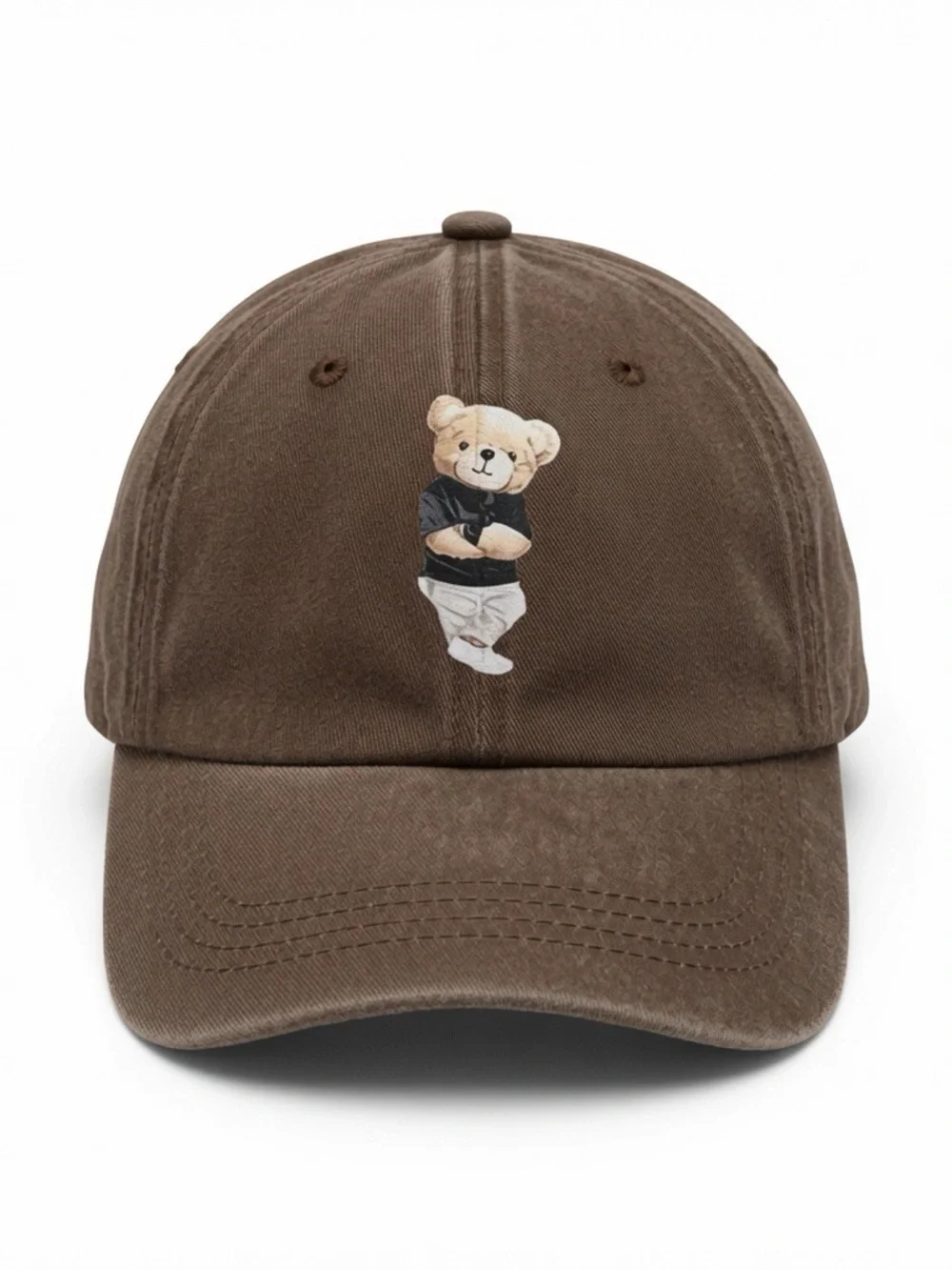 Washed Earthy Brown Teddy Bear Embroidered Dad Hat Streetwear Baseball Cap